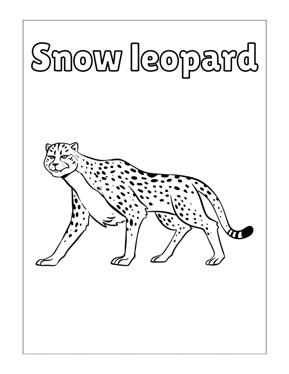 Snow leopard coloring page: students color a walking spotted big cat with a ringed tail beneath the Snow leopard label