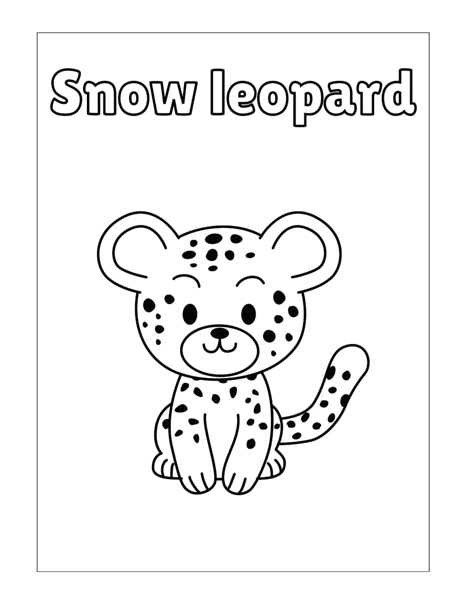 Cartoon snow leopard cub: students color a smiling spotted cub sitting upright with big round ears and a curled tail