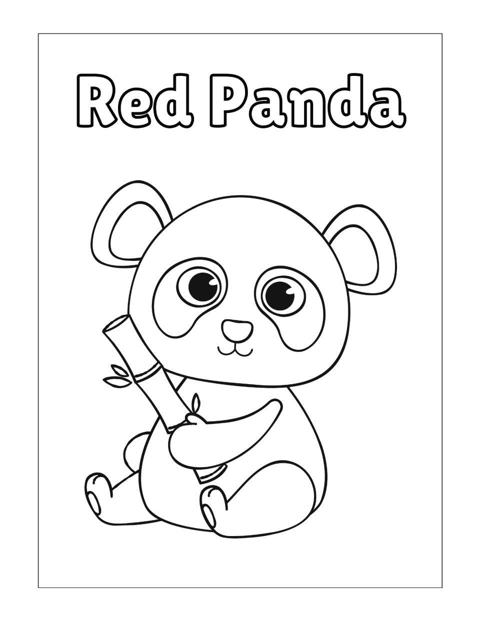Red panda coloring page: students color a big-eyed cartoon panda sitting and hugging a bamboo stalk with leaves