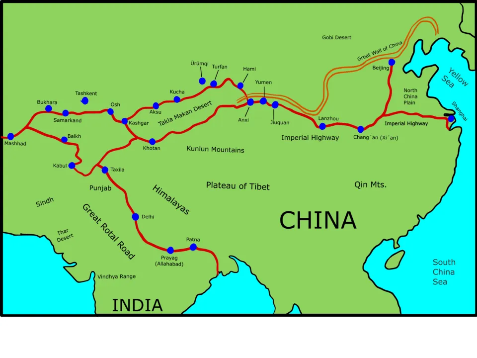 Color map of trade routes across China and India in red, linking Mashhad, Kashgar, Chang'an, Beijing and Patna