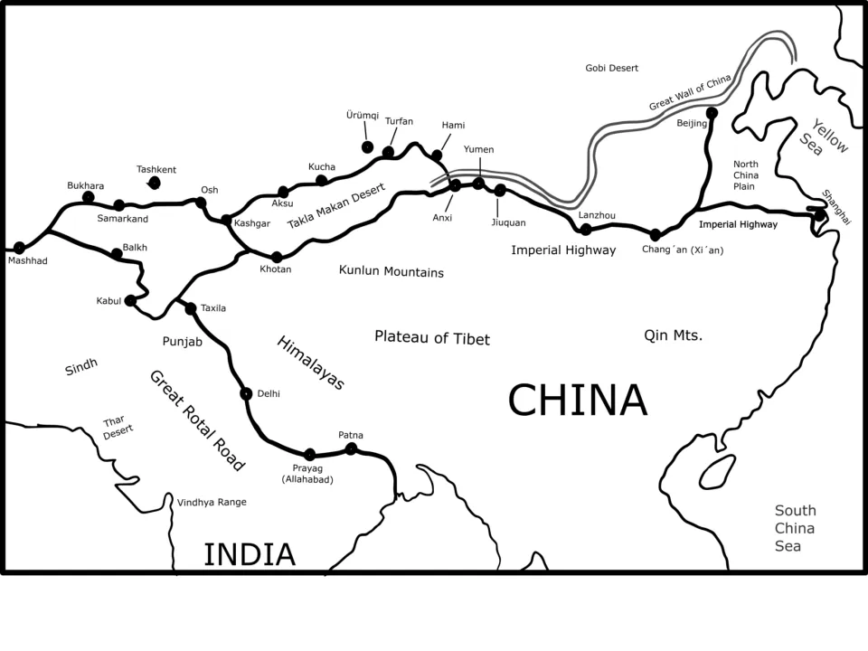 Black-and-white version of the route map: Imperial Highway, Great Wall, Takla Makan Desert, Himalayas and Plateau of Tibet