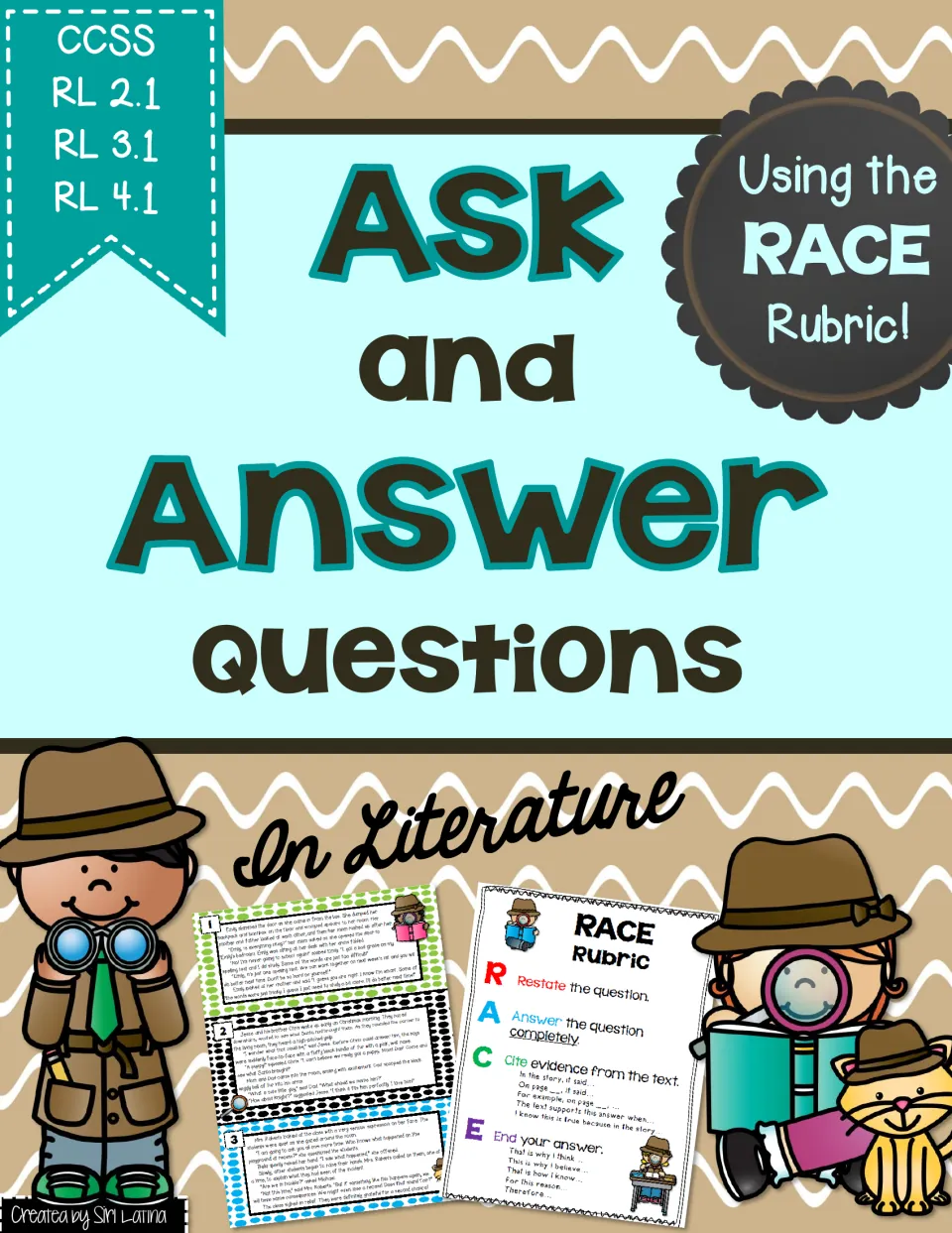 Cover for Ask and Answer Questions in Literature, showing sample task cards and a RACE rubric chart with detective art