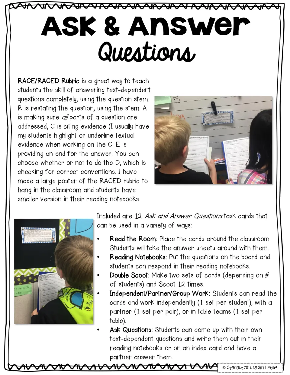 Teacher notes on the RACE/RACED rubric steps and five ways to use the 12 task cards, such as Read the Room and Scoot