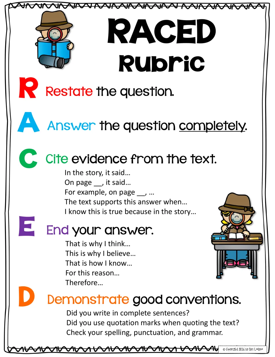Color RACED rubric poster: restate, answer, cite evidence, end and demonstrate conventions, with sentence starters