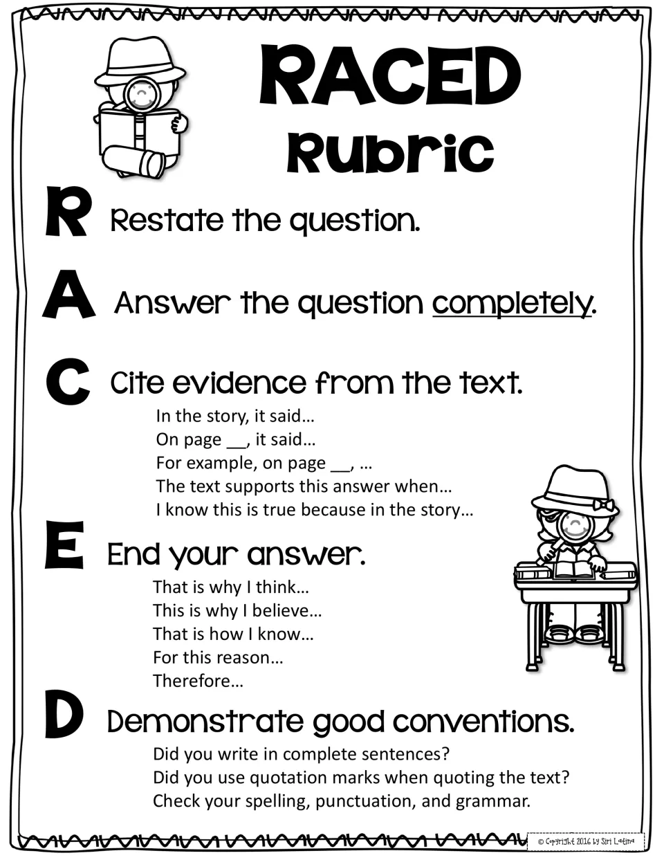 Black-and-white RACED rubric poster listing each step with starters like In the story, it said and That is how I know