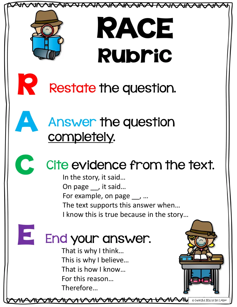 Color RACE rubric poster with four steps, from restate the question to end your answer, plus evidence sentence stems