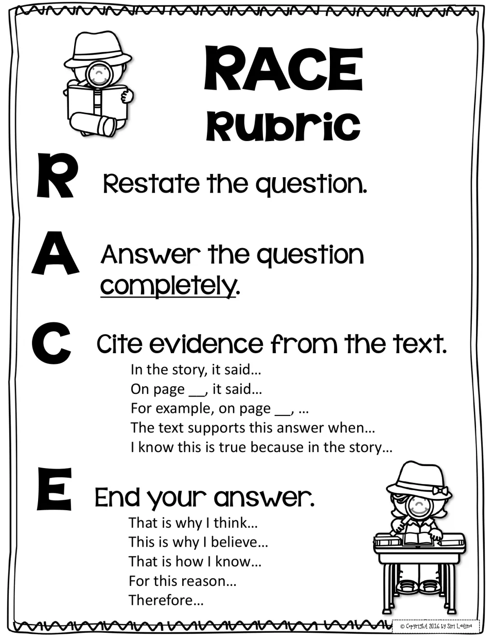 Black-and-white RACE rubric poster: restate, answer completely, cite evidence from the text and end your answer