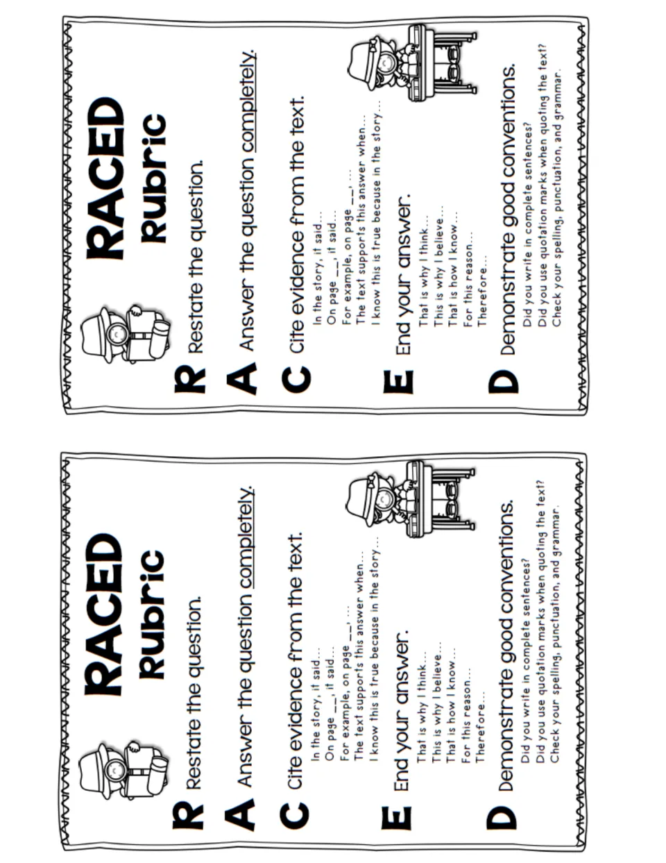 Two half-page RACED rubric copies, printed sideways, for students to glue into reading notebooks as a writing guide