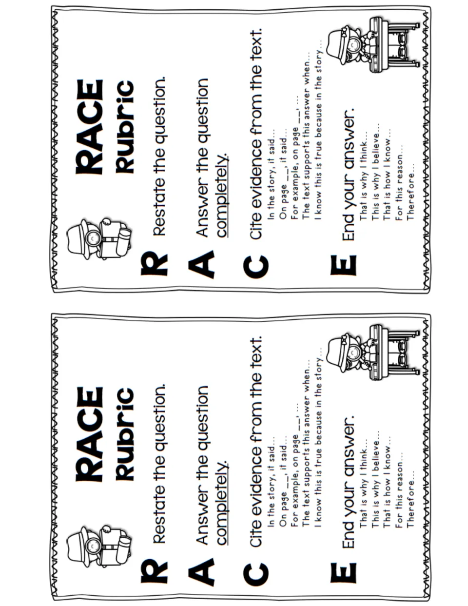 Two half-page RACE rubric copies turned sideways, listing restate, answer, cite and end steps for reading notebooks