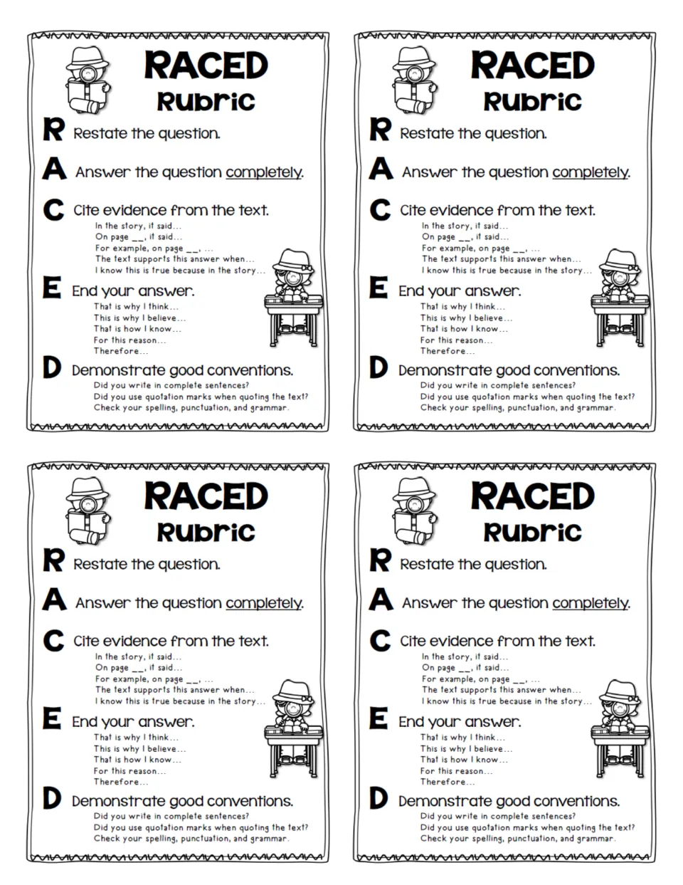 Four small RACED rubric cards on one sheet, each repeating the five steps with cite and end sentence starters