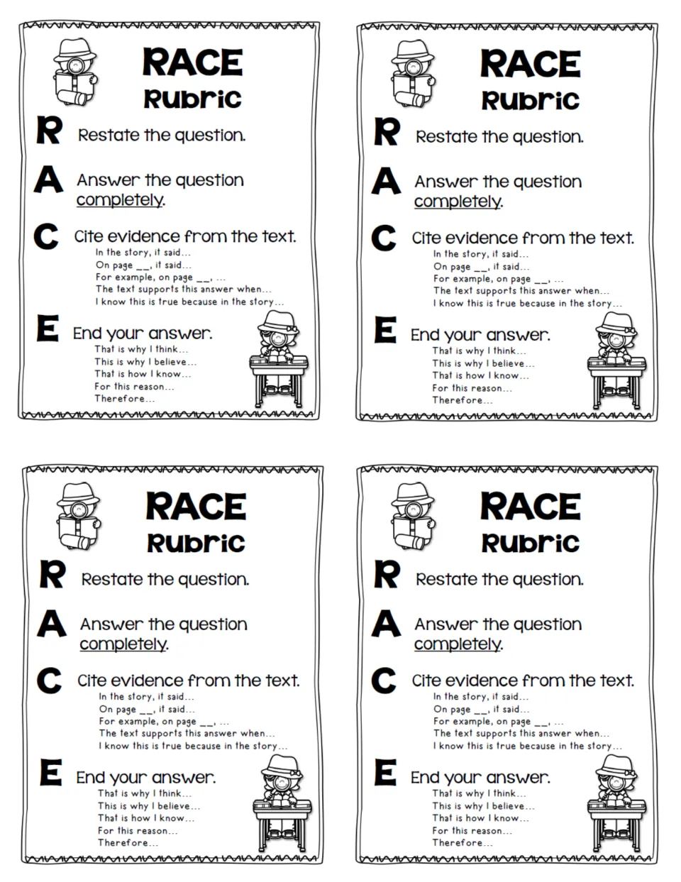 Four small RACE rubric cards on one sheet, each with the four steps from restate the question to end your answer