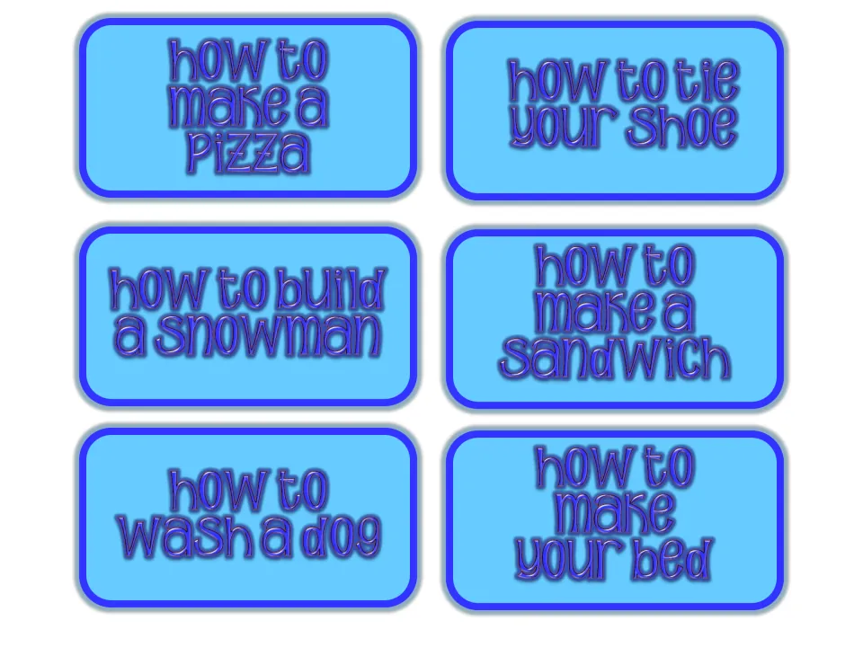 How-to topic cards: make a pizza, tie your shoe, build a snowman, make a sandwich, wash a dog and make your bed