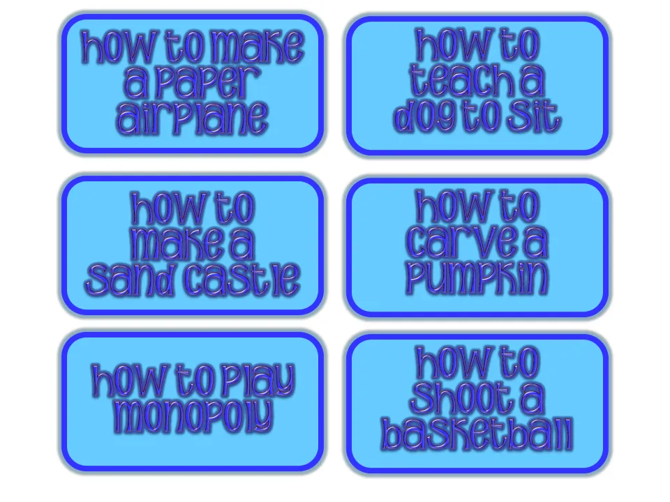 How-to topic cards: paper airplane, teach a dog to sit, sand castle, carve a pumpkin, play Monopoly, shoot a basketball