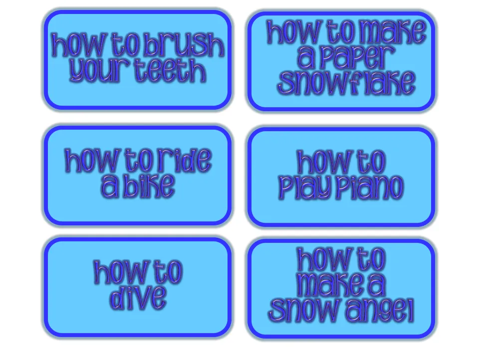 How-to topic cards: brush your teeth, paper snowflake, ride a bike, play piano, dive and make a snow angel