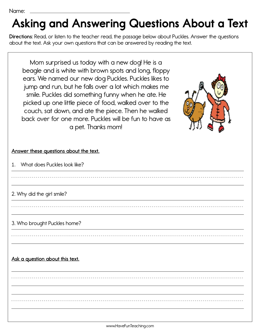 Asking and Answering Questions about a Text Worksheet teaching resource preview
