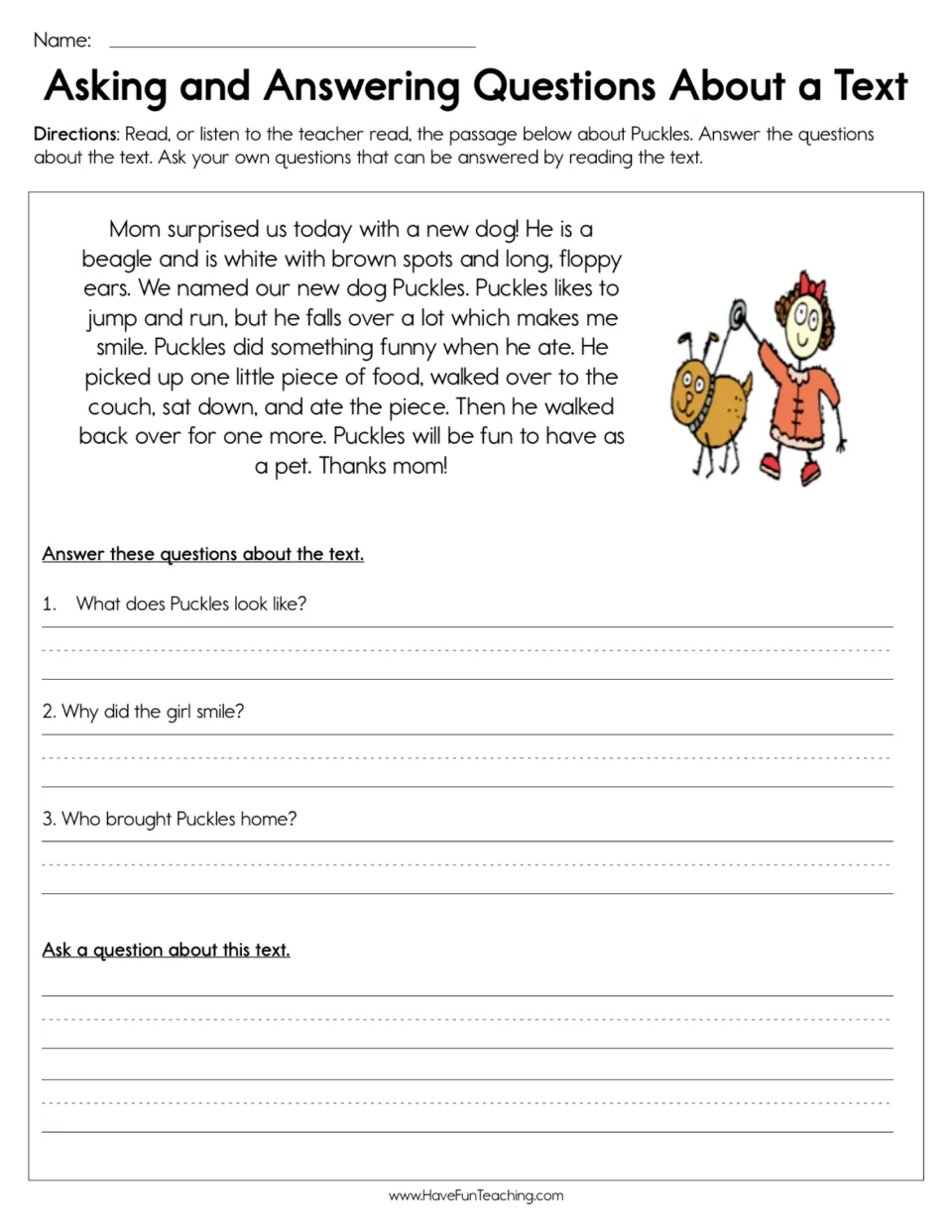 Reading passage about Puckles the beagle: students answer 3 questions about the text, then write a question of their own