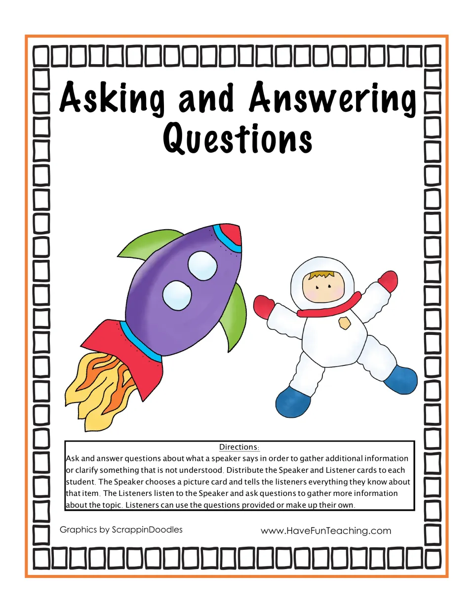 Asking and Answering Questions cover: rocket and astronaut art with directions for a speaker and listener question game
