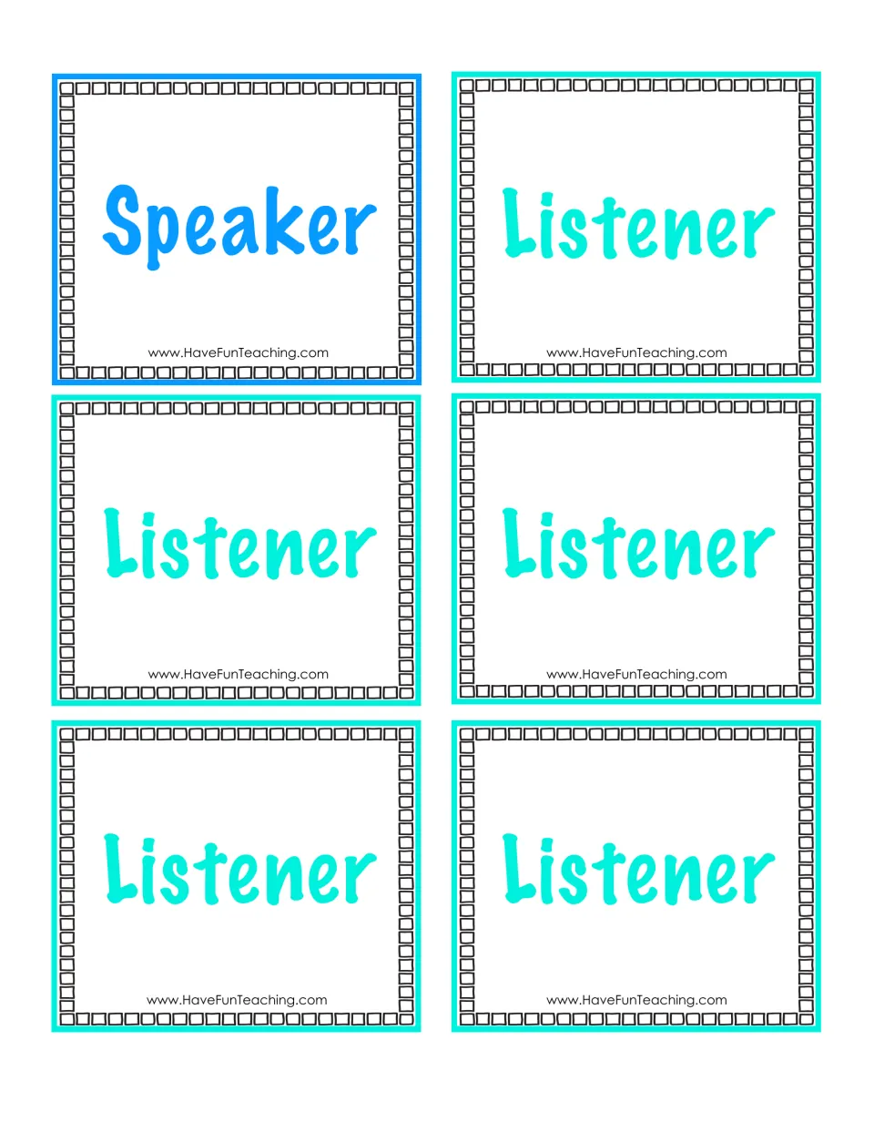 Role cards for the listening game: one Speaker card and five Listener cards for students to hold while they take turns