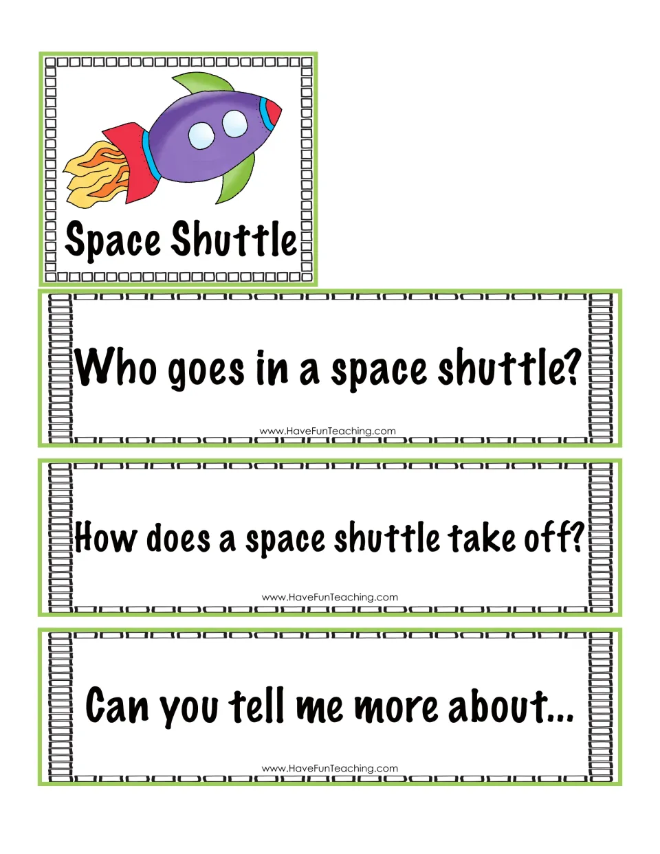 Space Shuttle picture card with question prompts: Who goes in a space shuttle? How does it take off? Can you tell me more?