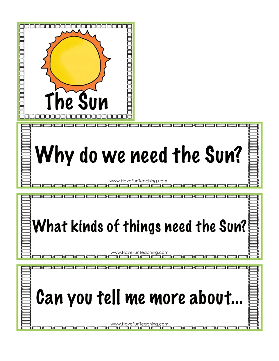 The Sun picture card with question strips: Why do we need the Sun? What kinds of things need the Sun? Can you tell me more?