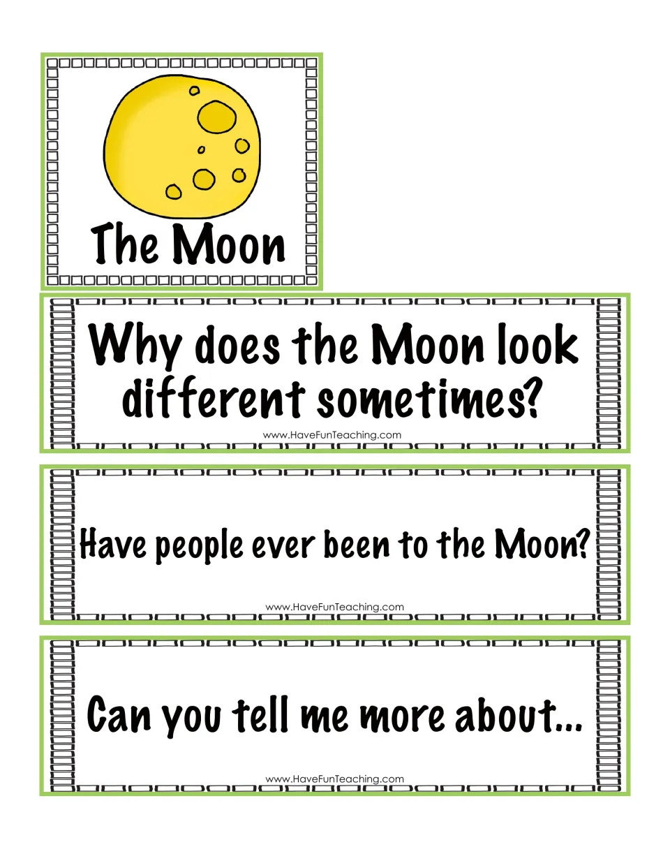 The Moon picture card with questions: Why does the Moon look different sometimes? Have people ever been to the Moon?