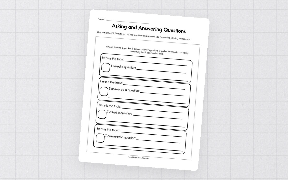 Asking and Answering Questions Worksheet preview: A field for recording the speaker’s topic