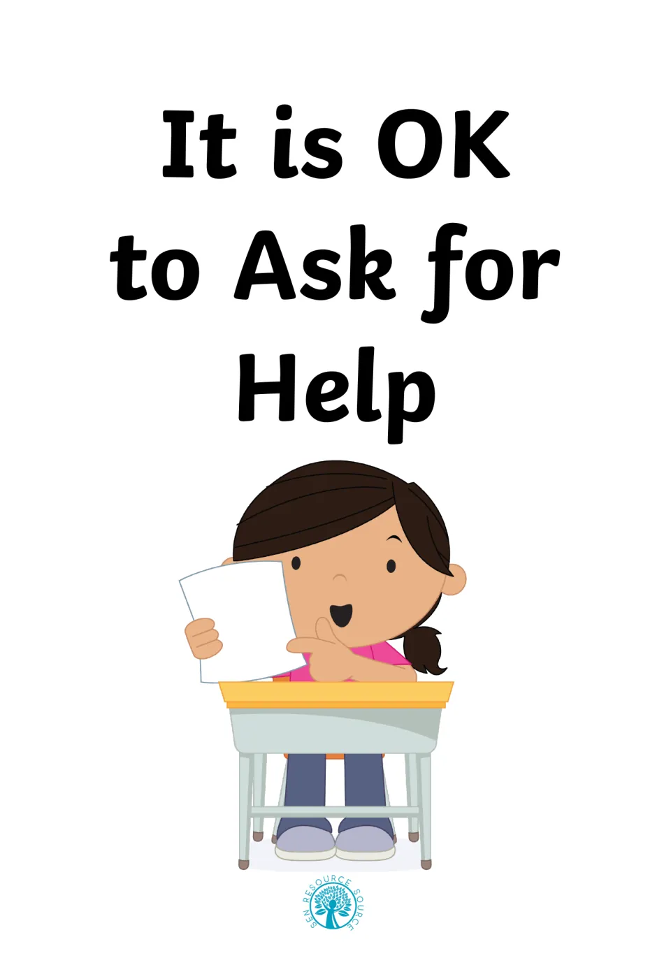 Social story cover titled It is OK to Ask for Help, showing a girl at a school desk raising a paper and pointing to it