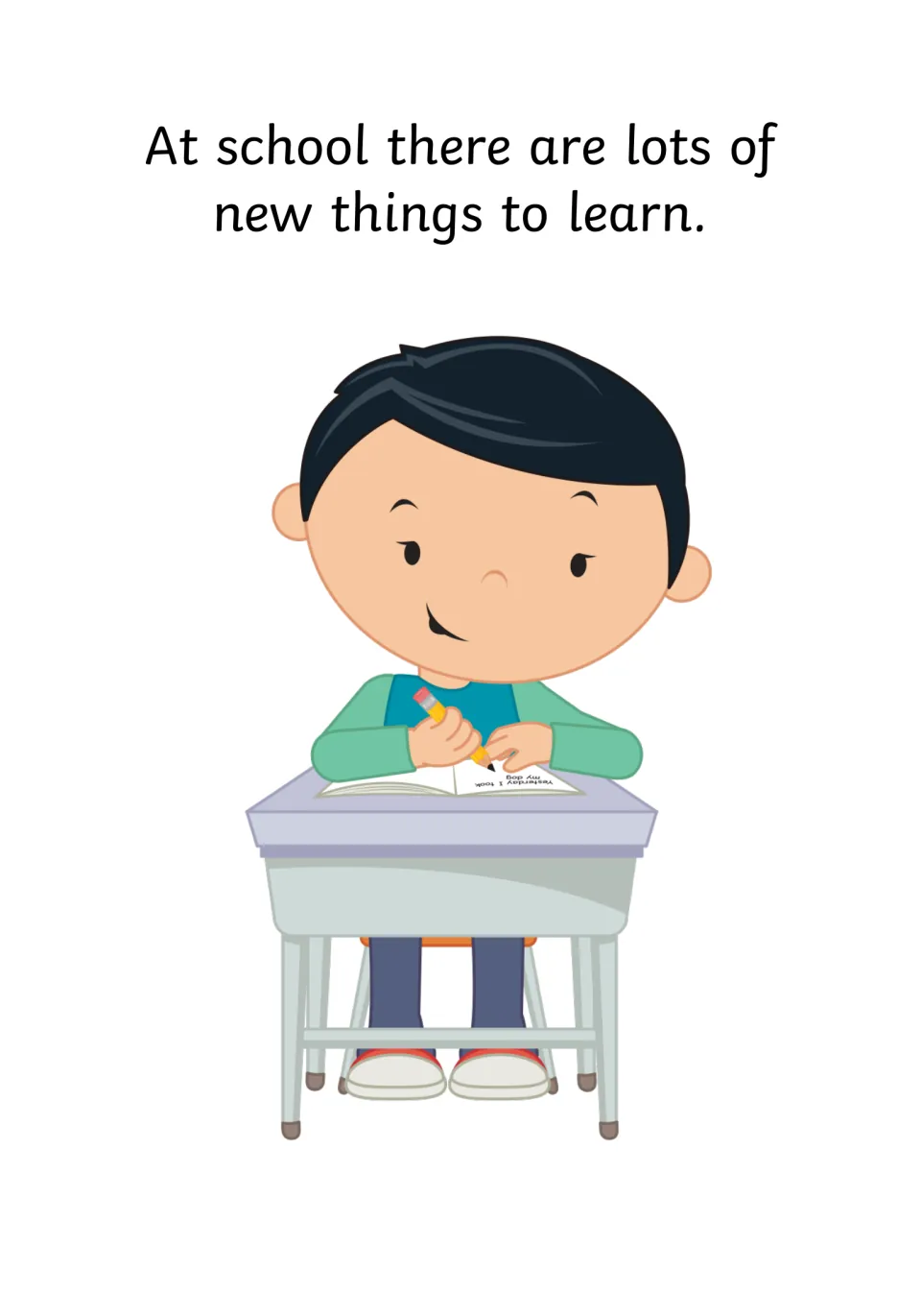 Social story page on starting school: text says there are lots of new things to learn, with a boy writing in a notebook