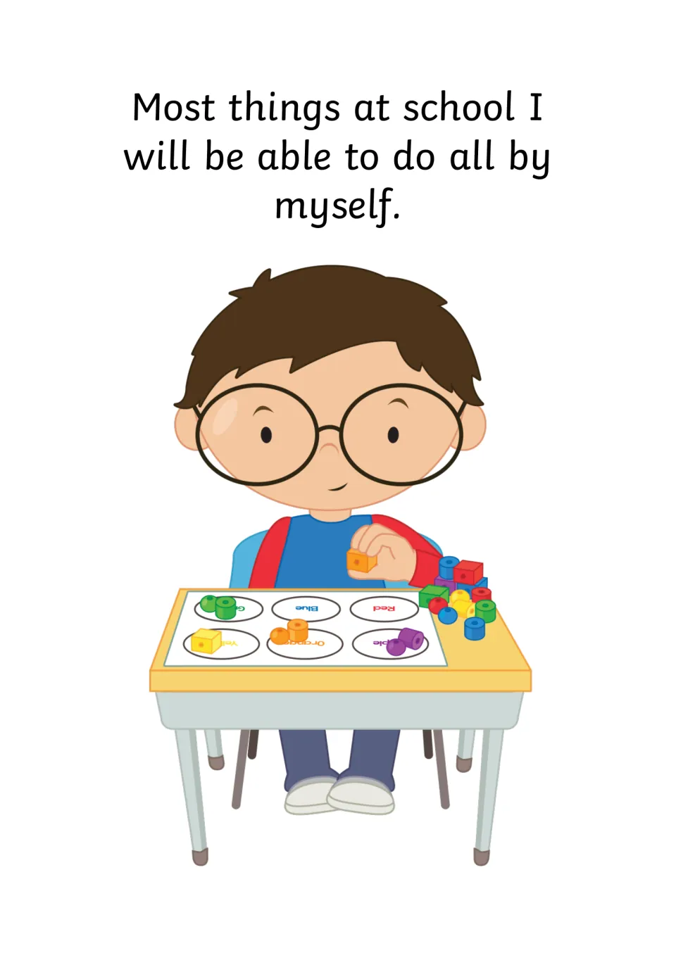 Working independently: text says most things at school I can do by myself, as a boy sorts beads by color