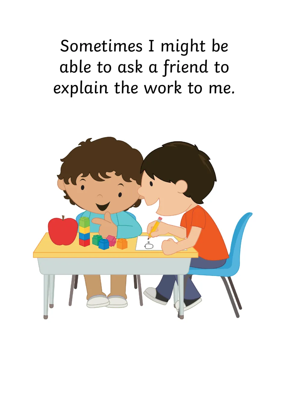 Peer support: text says I might ask a friend to explain the work to me, showing two boys talking at a desk
