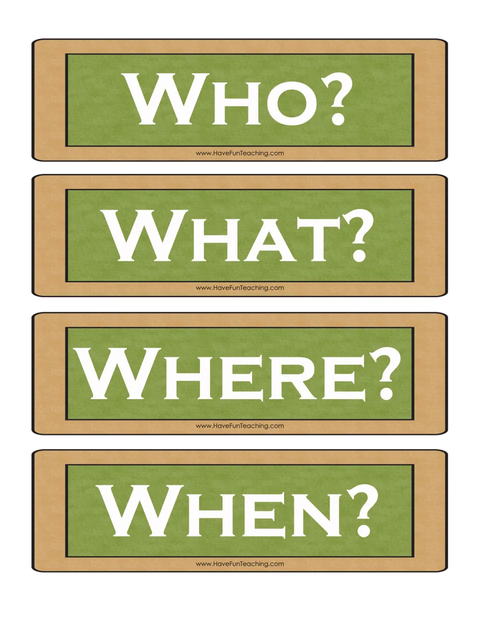 Question cards for story discussion: four cards reading Who?, What?, Where? and When? to prompt questions on key details