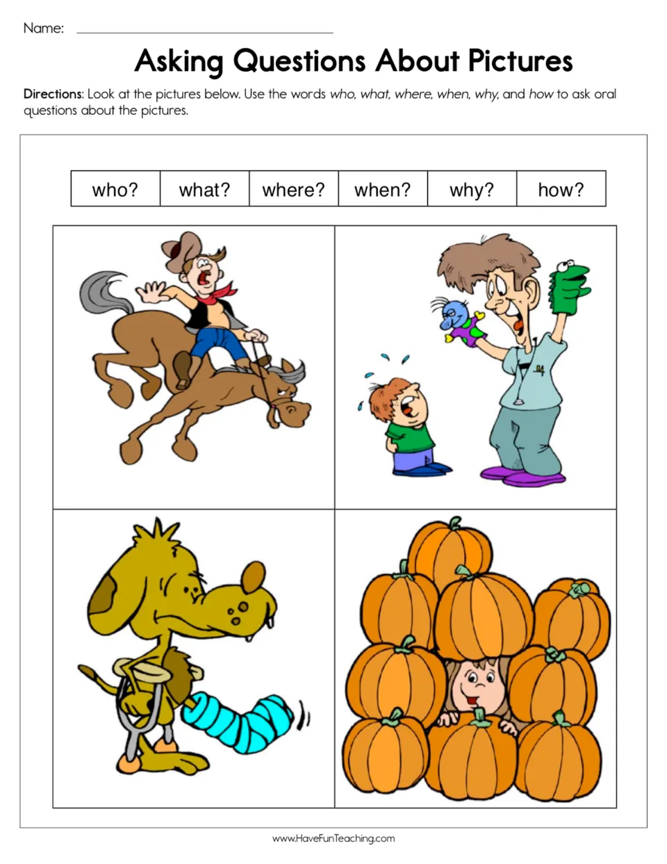 Oral question practice: who, what, where, when, why, and how for a rider, puppets, hurt dog, and pumpkins.