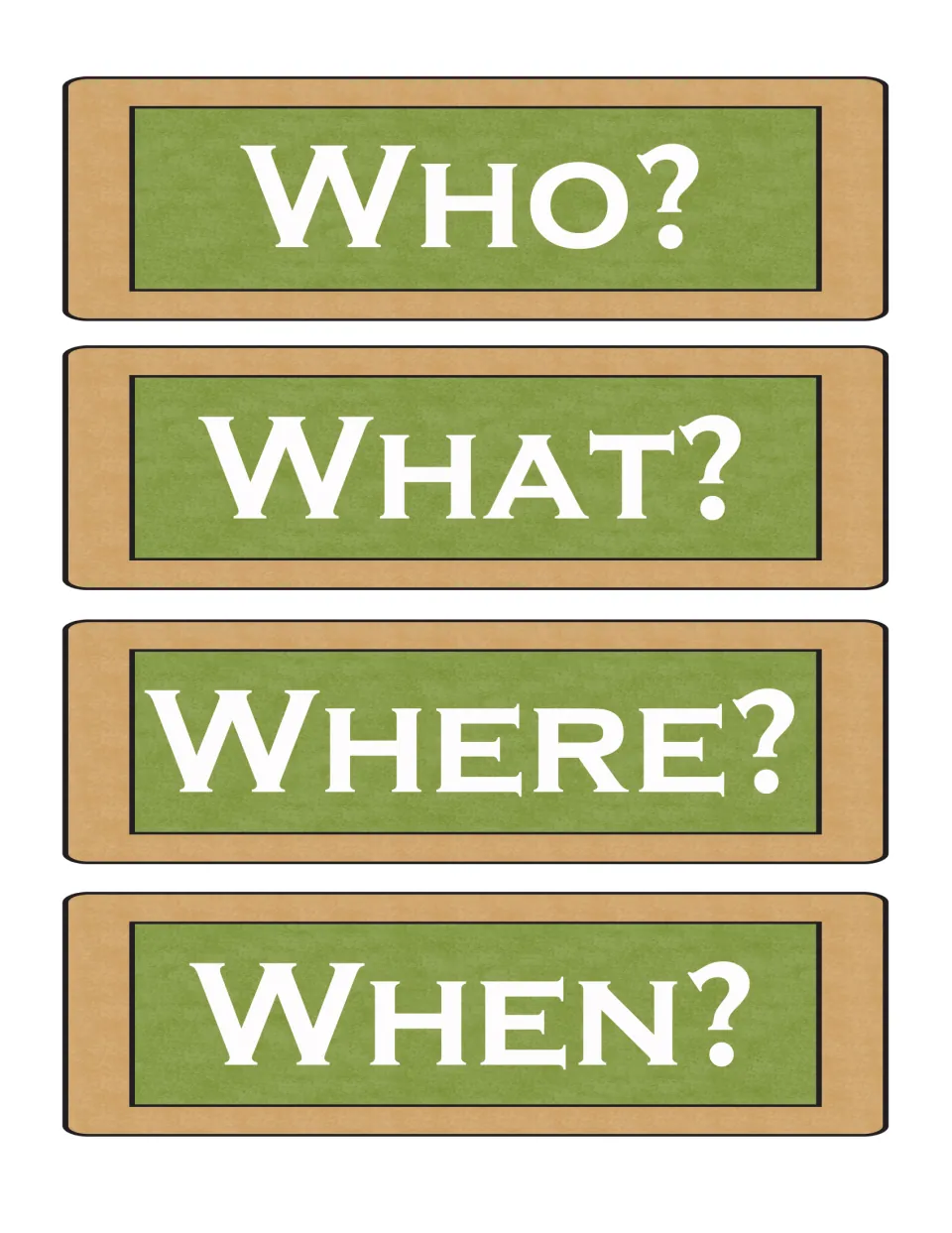 Question word cards reading Who?, What?, Where? and When? that students use to ask and answer questions about a topic