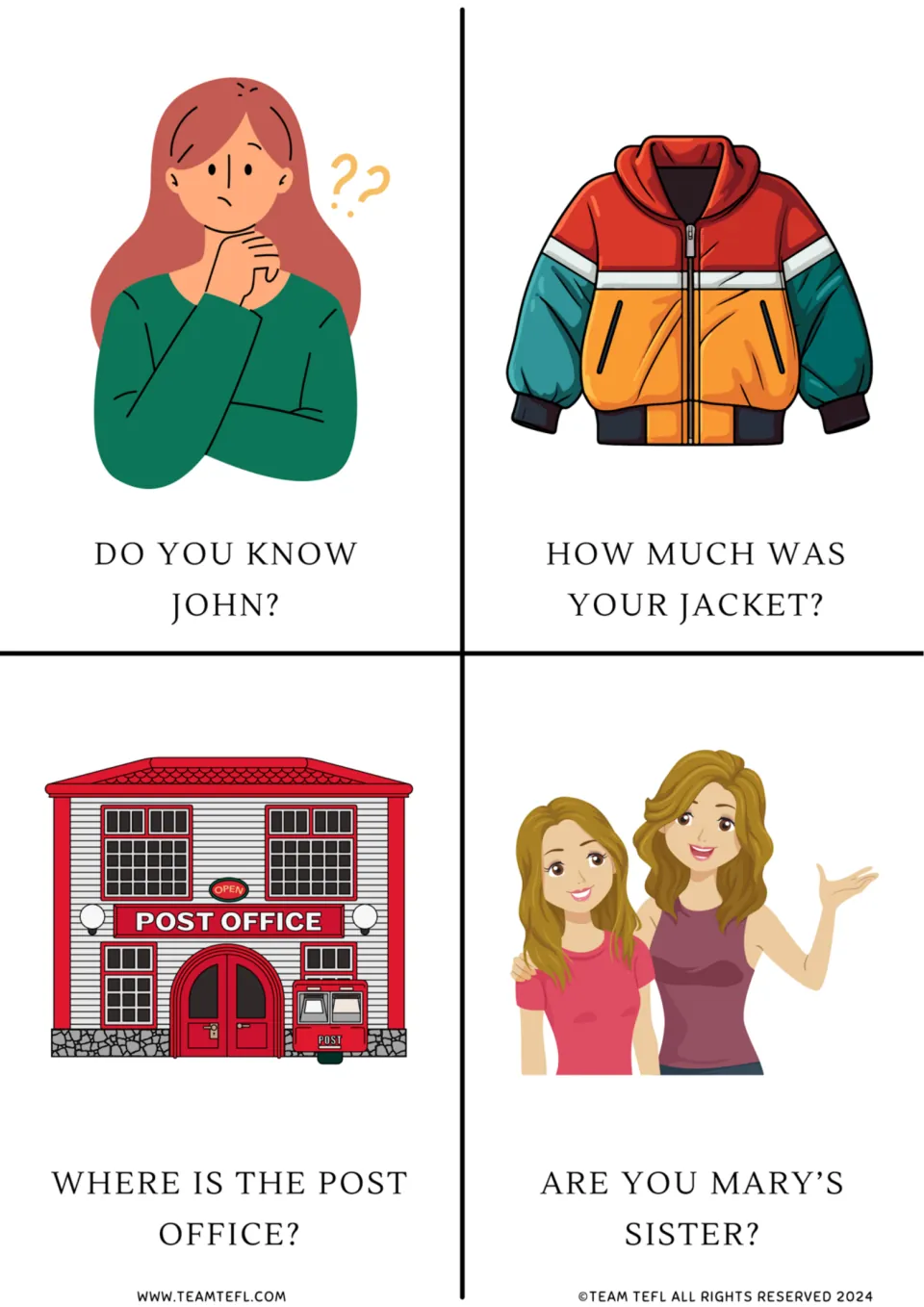 Direct question cards: Do you know John?, How much was your jacket?, Where is the post office? and Are you Mary's sister?
