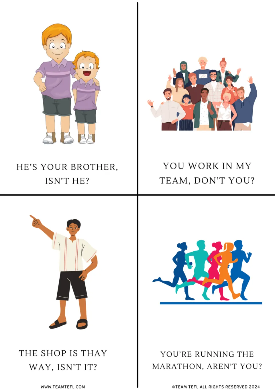 Question tag cards: He's your brother, isn't he?, You work in my team, don't you?, plus shop and marathon tags
