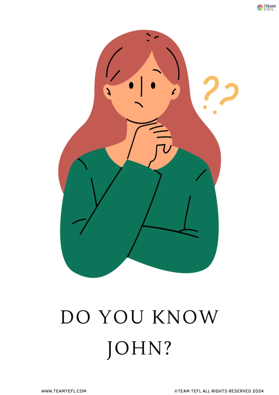 Yes/no question flashcard: a puzzled woman with question marks above the question "Do you know John?"