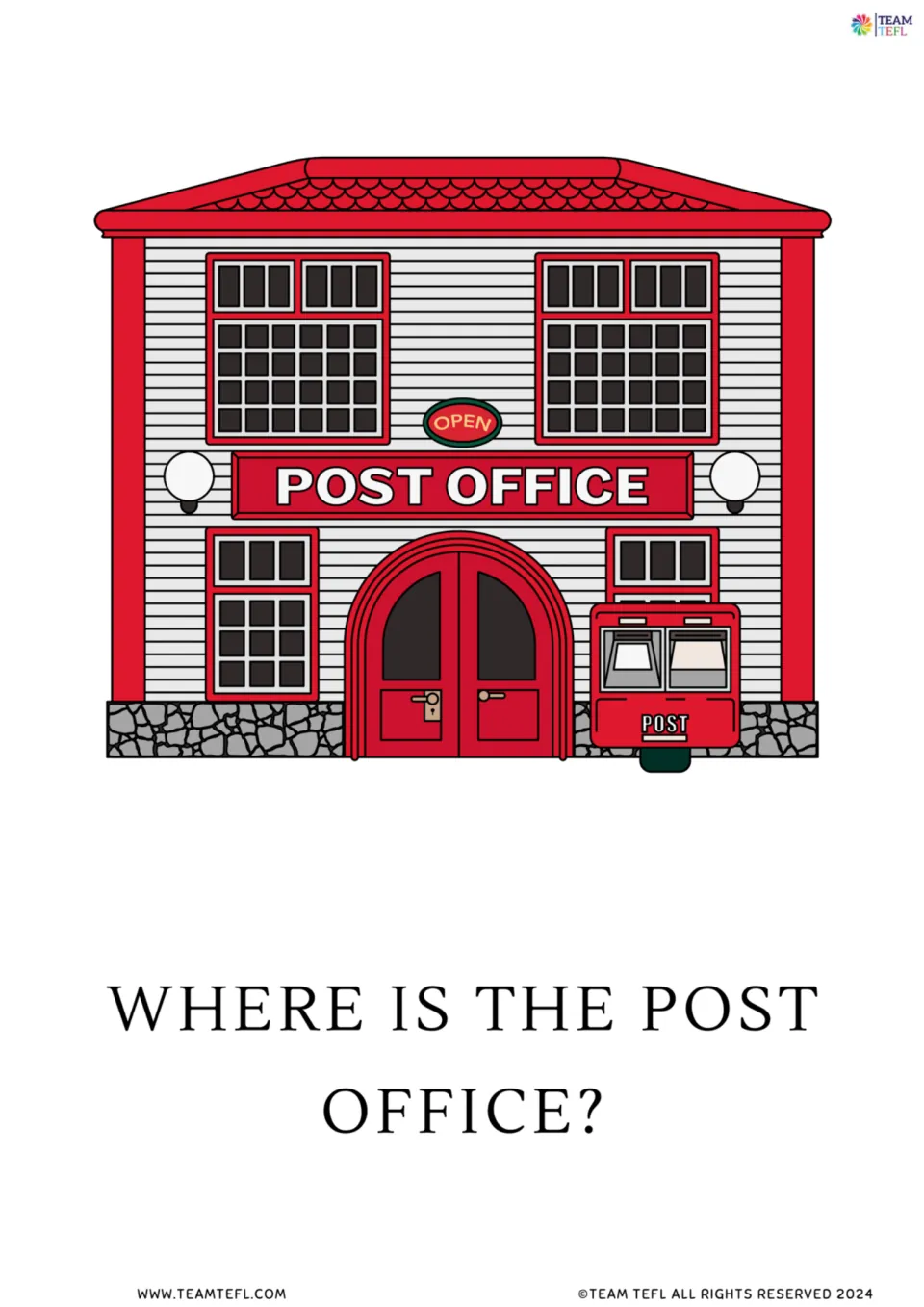 Location question flashcard: a red post office building with the wh- question "Where is the post office?"