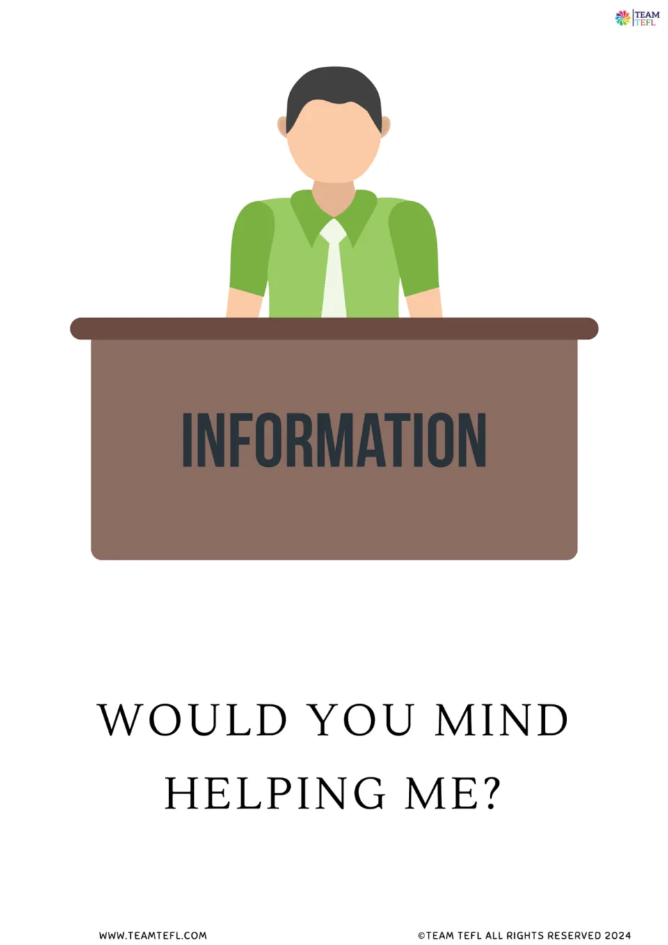 Polite request flashcard: a clerk at an INFORMATION desk with "Would you mind helping me?"