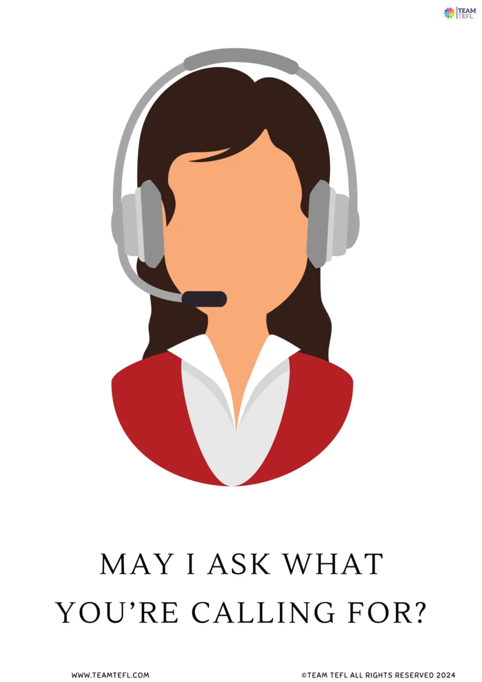 Phone question flashcard: a call-center worker in a headset with "May I ask what you're calling for?"