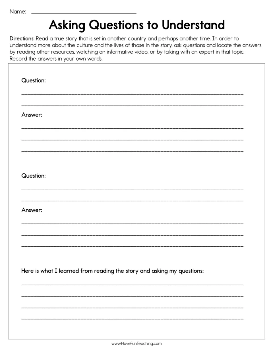 Reading response worksheet: two questions and researched answers about a true story set in another country