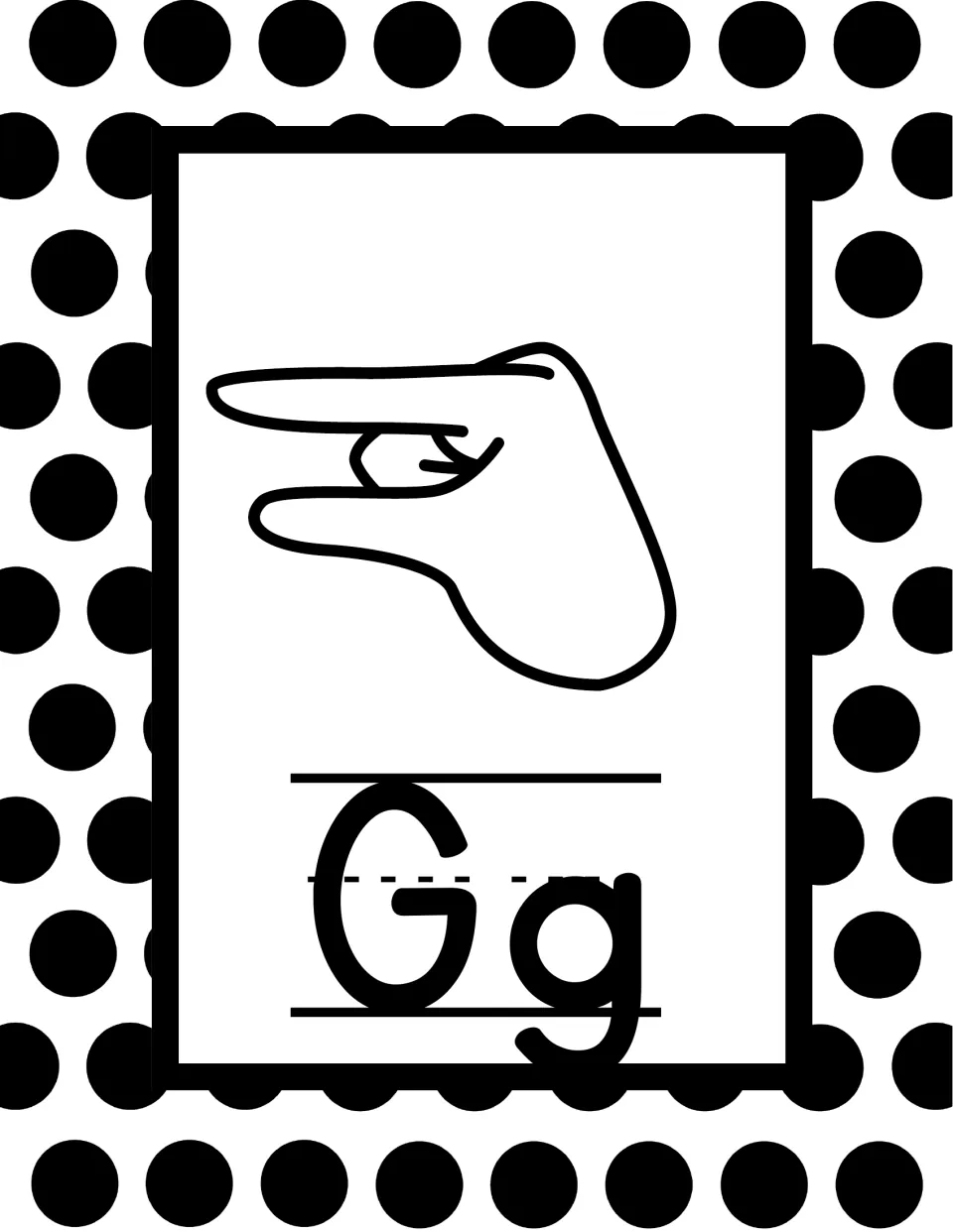 ASL letter G poster: index finger and thumb pointing sideways, above print letters Gg on a black dotted background