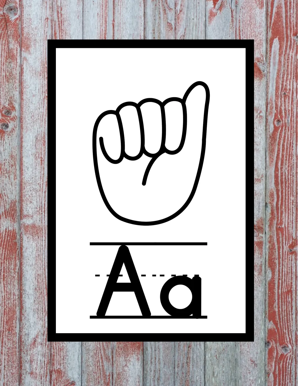Letter Aa in ASL: a closed fist with the thumb resting along the side, shown above the printed letters Aa