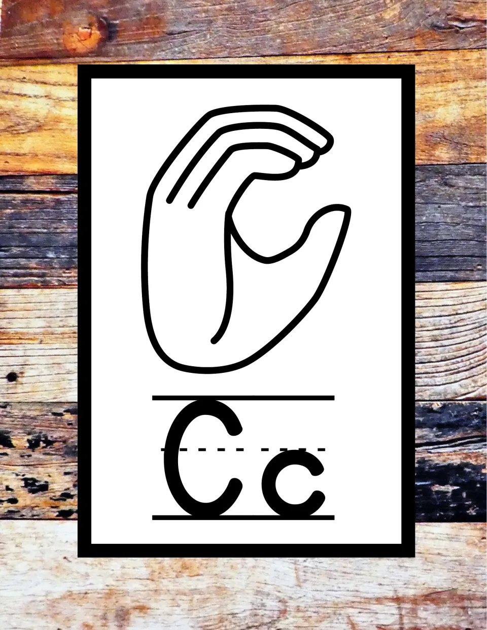 Letter Cc in ASL: fingers and thumb curved into the shape of a C, shown above uppercase and lowercase Cc