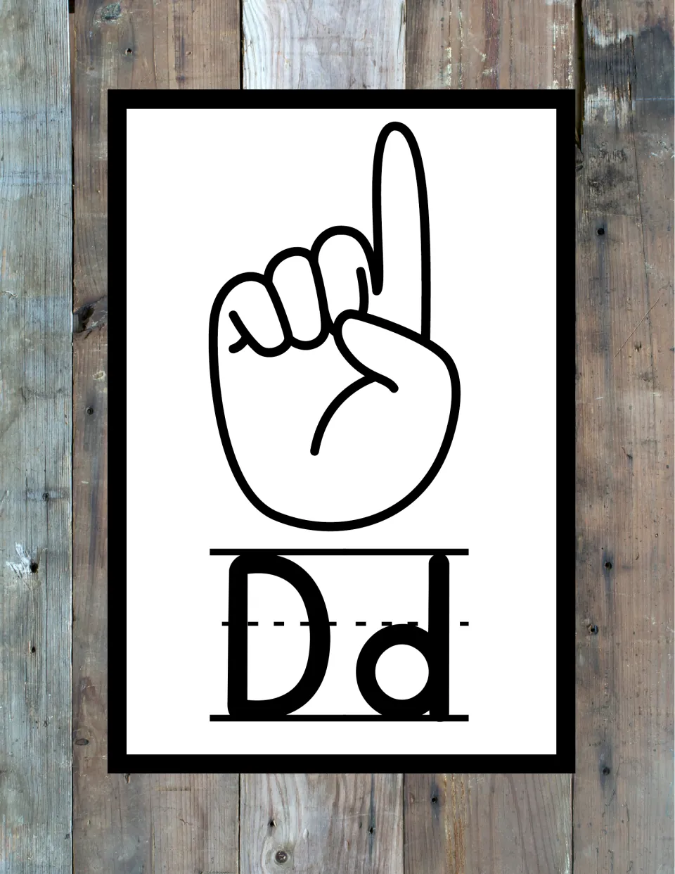 Letter Dd in ASL: index finger pointing up while the other fingertips touch the thumb, with print Dd below
