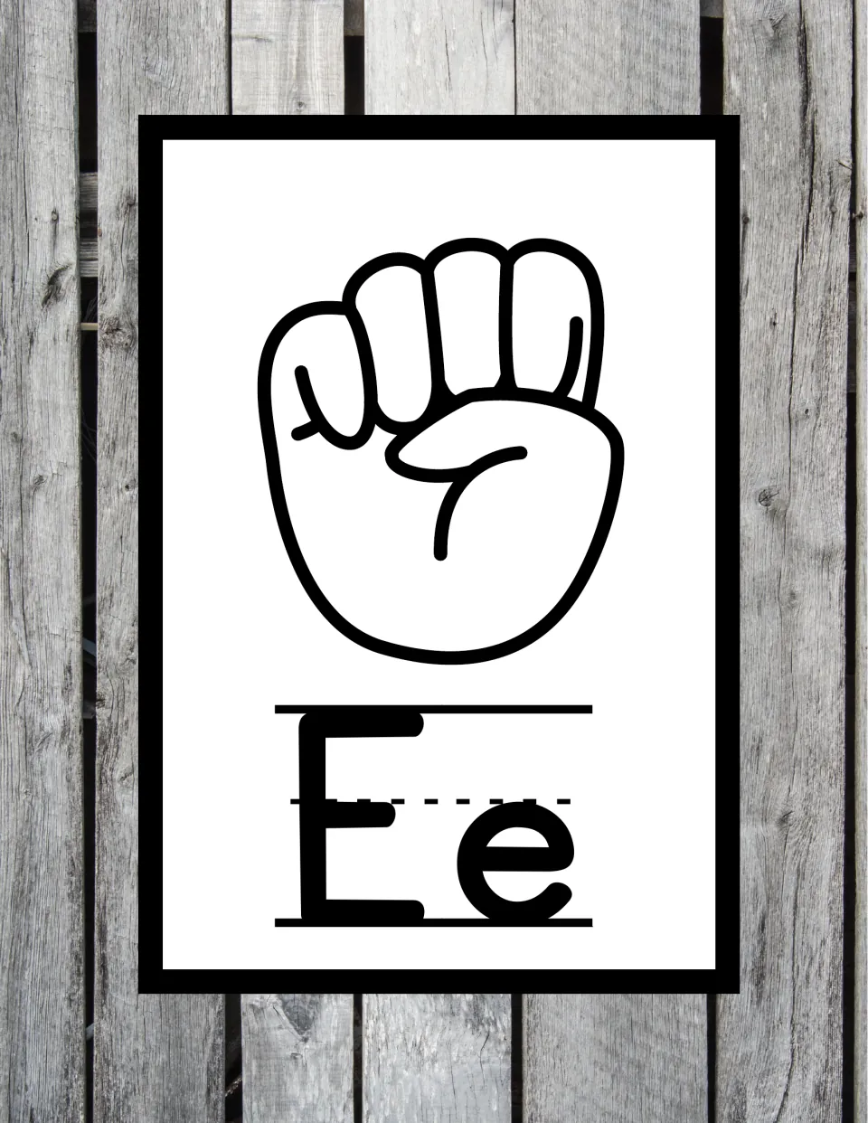 Letter Ee in ASL: fingertips bent down to rest on the thumb tucked across the palm, displayed over print Ee