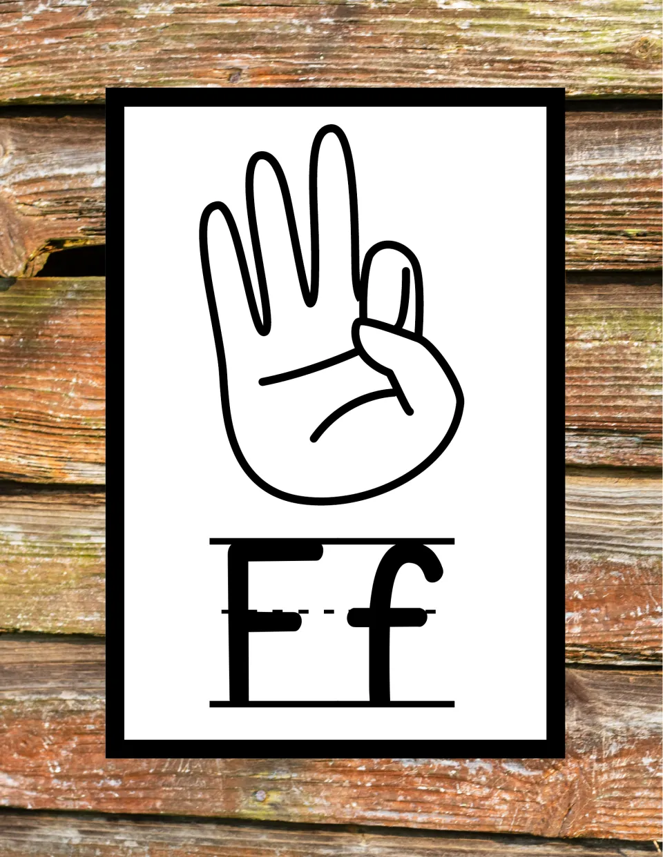 Letter Ff in ASL: thumb and index finger touch to form a circle while three fingers stand up, above print Ff