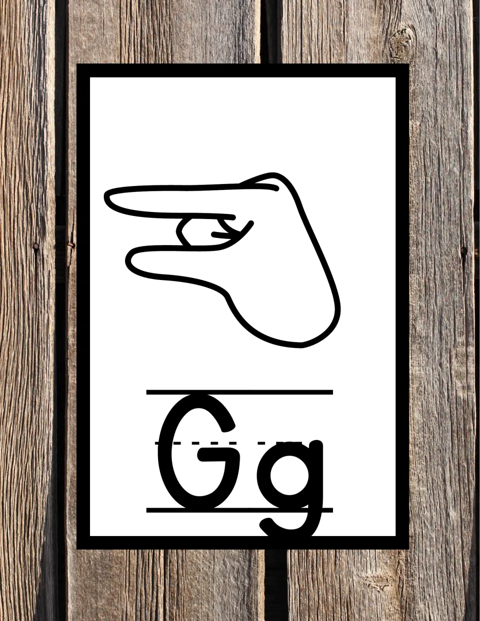 Letter Gg in ASL: index finger and thumb pointing sideways in parallel, other fingers closed, shown over print Gg