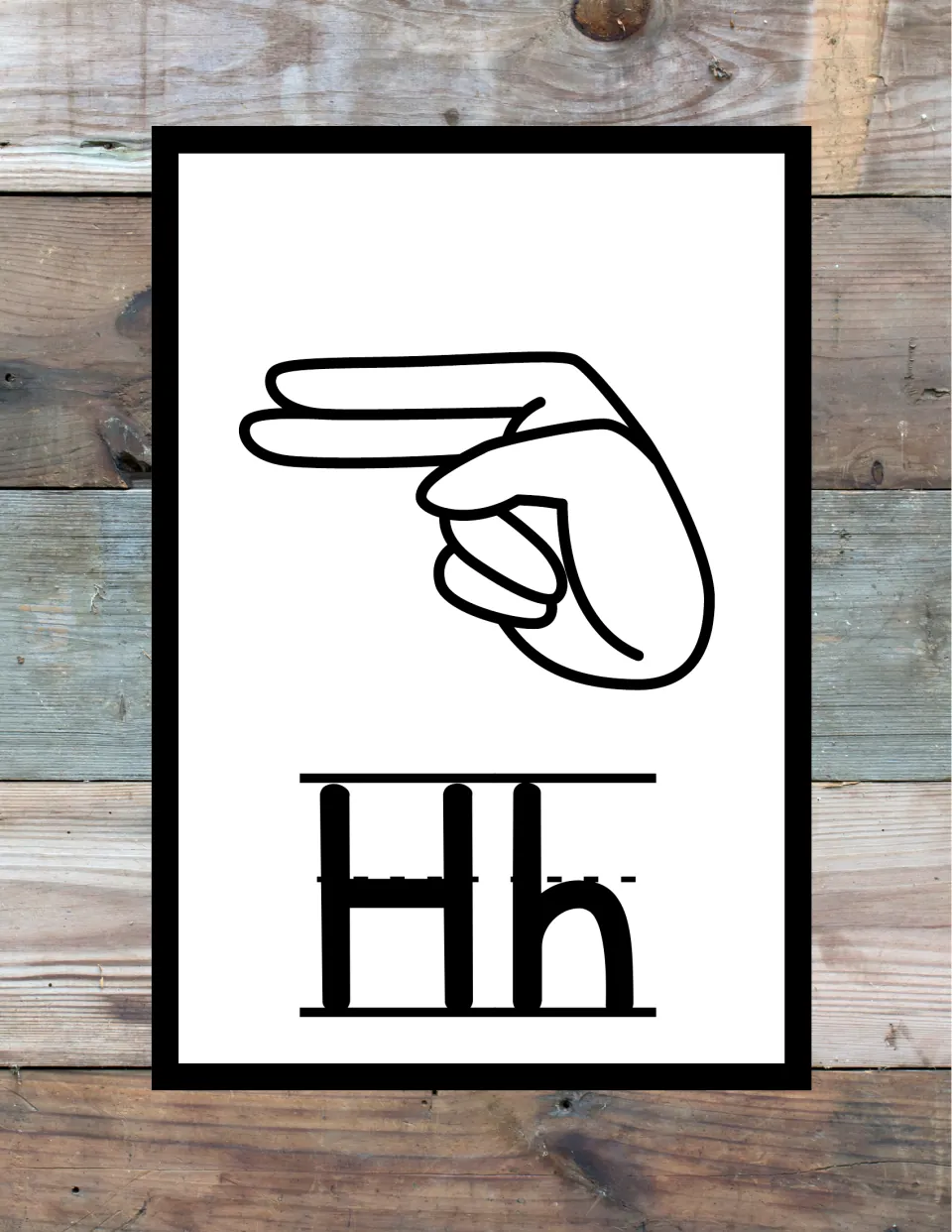 Letter Hh in ASL: index and middle fingers extended sideways together, thumb holding the others, above print Hh