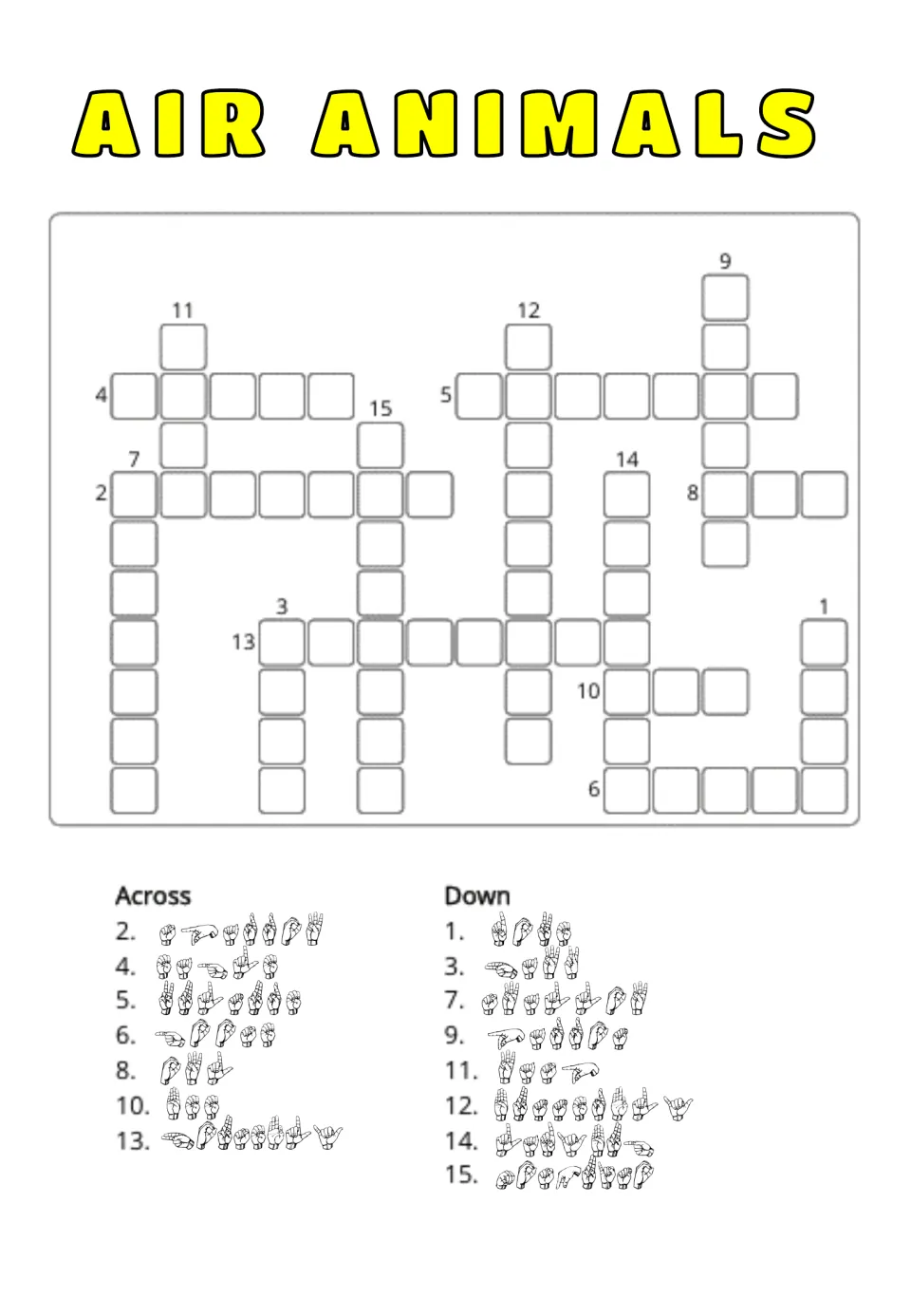 Air-animal crossword with 15 numbered ASL fingerspelling clues, including dove, sparrow, hawk, and eagle