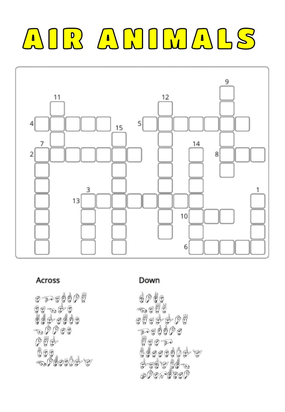 Air-animal crossword with unnumbered ASL fingerspelling clues for the same 15 bird and insect words